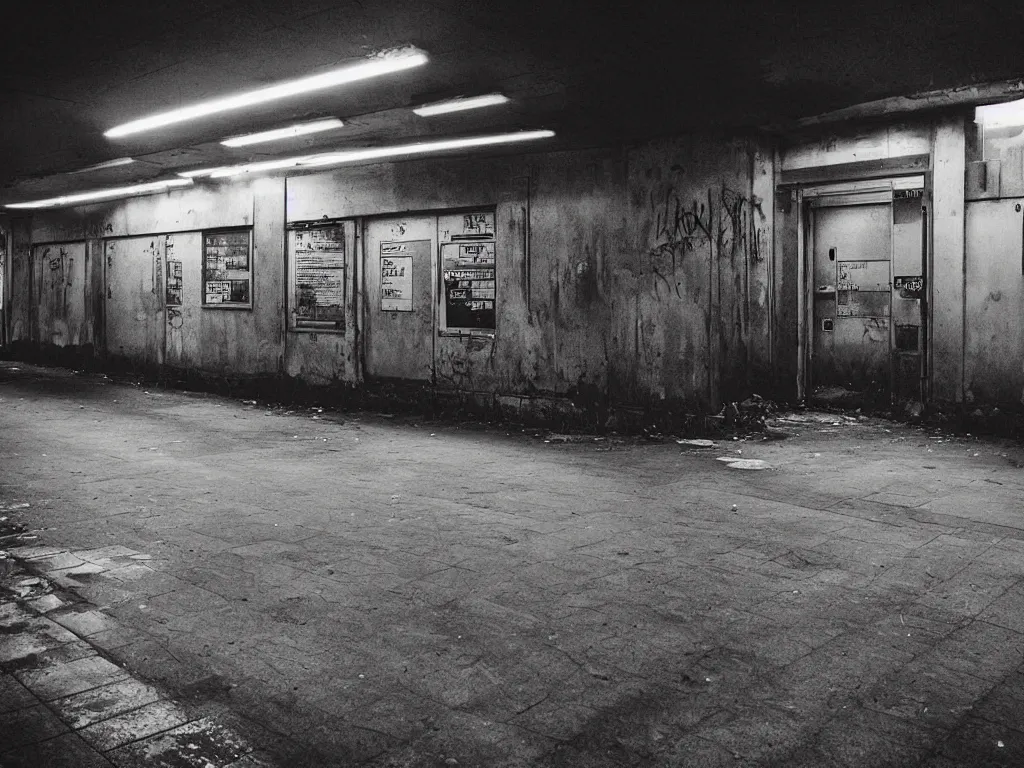 Image similar to “35mm film photography of empty train station, concrete, abandoned, old posters, derelict, damp, dark, cold, bright graffiti, dim strip lighting, empty platform, cinestill 800t, grain”