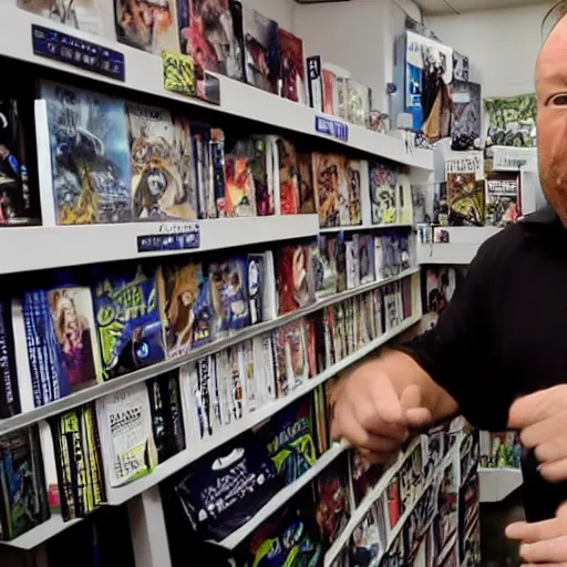 Image similar to alex jones shows off his anime collection.