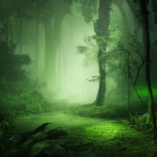Image similar to deep jungle scene, dark atmosphere, dense fog, dark green tones