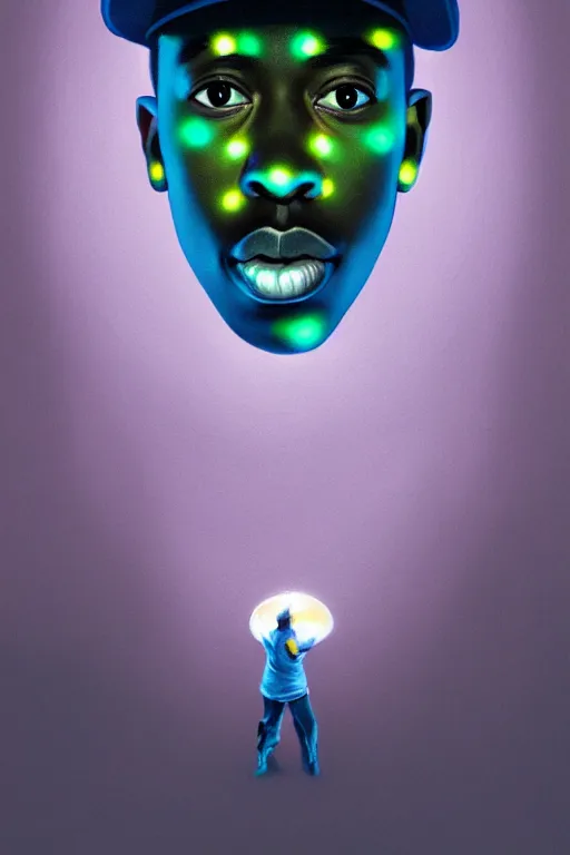 Prompt: portrait of tyler the creator with hat, staring directly into camera, intricate, elegant, glowing lights, highly detailed, digital painting, artstation, sharp focus, illustration, art by wlop, mars ravelo and greg rutkowski