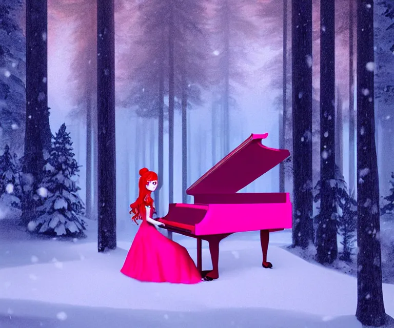 Prompt: a photorealistic rendering of a beautiful face gothic girl, pink hair in a stunning red dress playing a piano in the dark snowy forest by randolph stanley hewton, cg society contest winner, matte painting