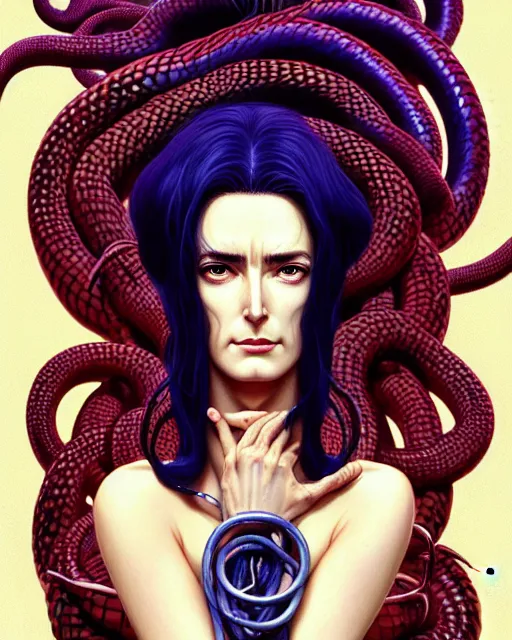 Prompt: medusa with hair replaced by cobras | | paz vega, gold rings, cobra hair, cobra hair, fine detail!! anime!! realistic shaded lighting!! dramatic!! poster by ilya kuvshinov katsuhiro otomo ghost - in - the - shell, magali villeneuve, artgerm, jeremy lipkin and michael garmash and rob rey