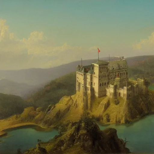 Image similar to a painting of a castle on top of a mountain, a matte painting by Charles Cundall,hudson river school, matte painting, rococo, detailed painting