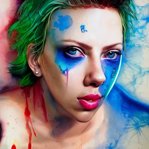 Image similar to drunken scarlett johansson as delirium from sandman, one green eye and one blue eye, ( hallucinating colorful soap bubbles ), by jeremy mann, by sandra chevrier, by dave mckean and richard avedon and maciej kuciara, 8 0's, punk rock, tank girl, high detailed, 8 k