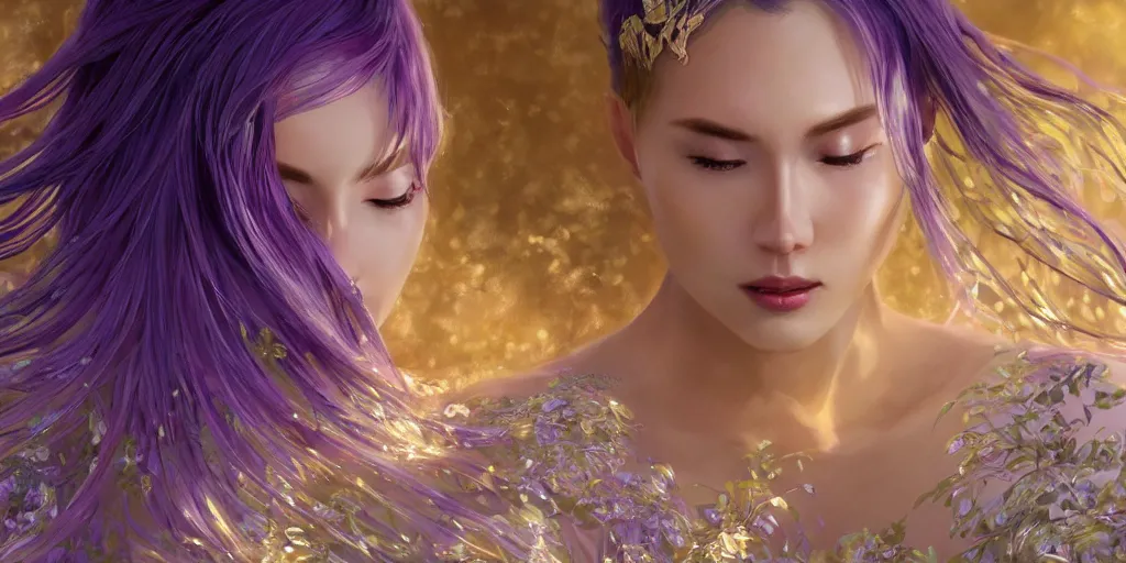 Image similar to wide angle, opulescent purple panther, metallic silver and ice color reflected crystal hair, leaping from babaob tree, fantasy, intricate, very beautiful, elegant, golden light, highly detailed, digital painting, artstation, concept art, smooth, sharp focus, unreal engine, art by wlop and tian zi and alphonse mucha