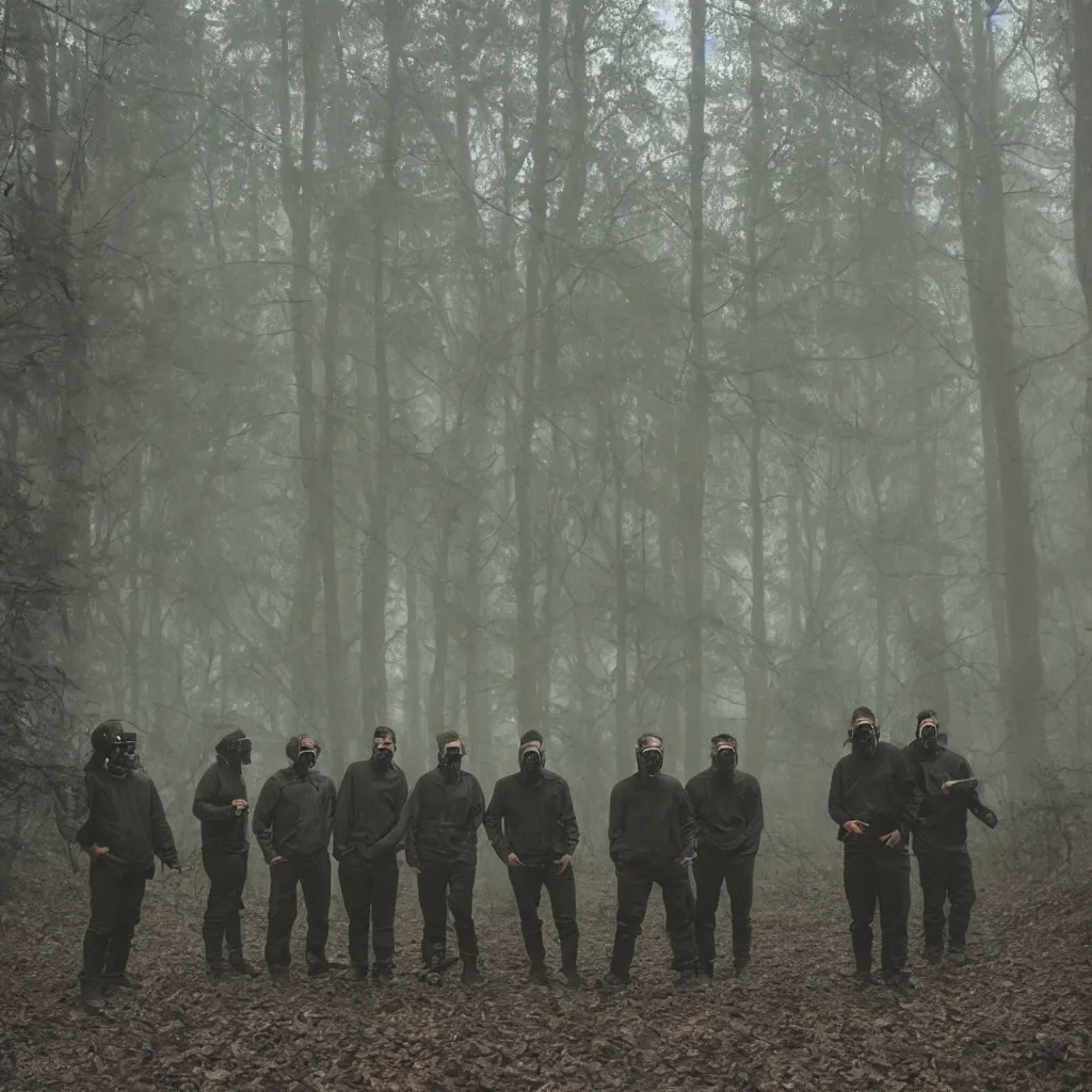 Image similar to high realistic photo portrait group of men with gas masks in a foggy forest, cinestill 800t 35mm, heavy grain, high quality