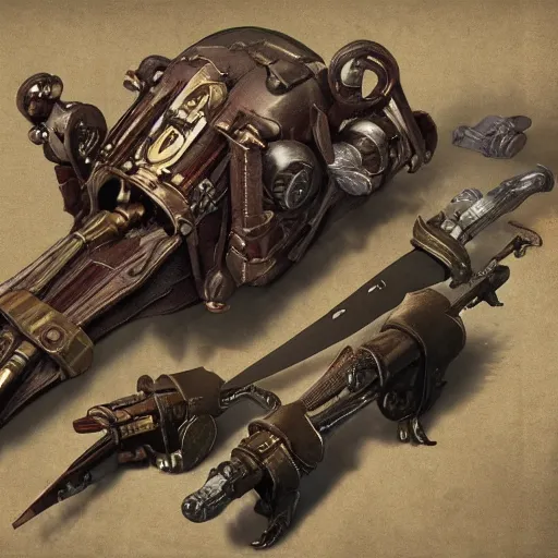 Prompt: steampunk style weapons, concept art, octane render, trending on dishonored