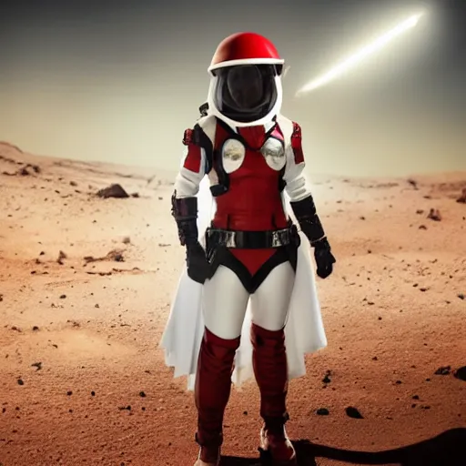Prompt: a young female soldier wearing blood-spattered glossy sleek white dinged scuffed armor and a long torn red cape, heroic posture, determined expression, elegant, no helmet, on the surface of mars, dramatic lighting, cinematic, sci-fi, hyperrealistic, detailed