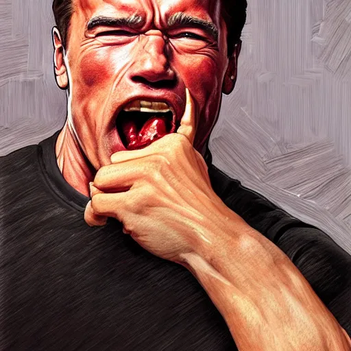 Prompt: portrait of arnold schwarzenegger opening his mouth to eat pizza, highly detailed, digital painting, artstation, concept art, sharp focus, illustration, art by artgerm and greg rutkowski and alphonse mucha