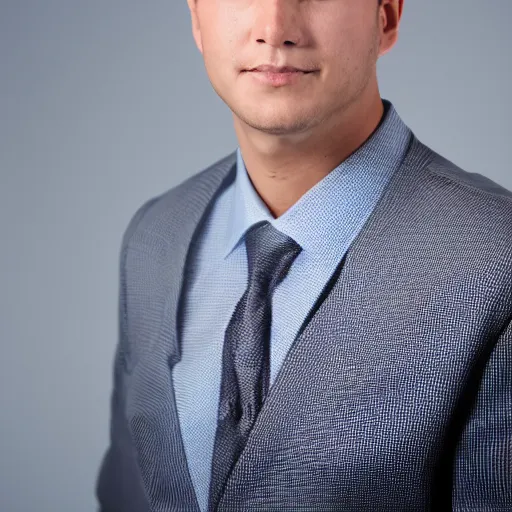 Prompt: corporate portrait, junior sales executive pumped full of synergy and nootropic steroids, professional studio lighting