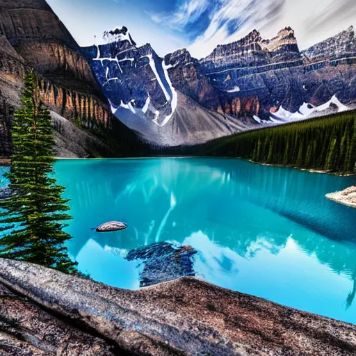 Prompt: realistic photo of Moraine lake in Alberta, Canada, beautiful, Nikon D850