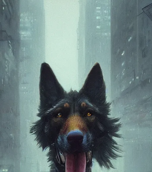 Image similar to new york city portrait of furry anthro anthropomorphic german shepard head animal person fursona wearing clothes strange cybernetic muzzle gloomy rainy cyberpunk digital art by Greg Rutkowski, Simon Stalenhag, trending on Artstation, CGSociety