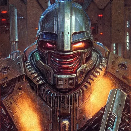 Image similar to the doomslayer as a cyberpunk knight, closeup portrait art by norman rockwell and donato giancola and greg rutkowski