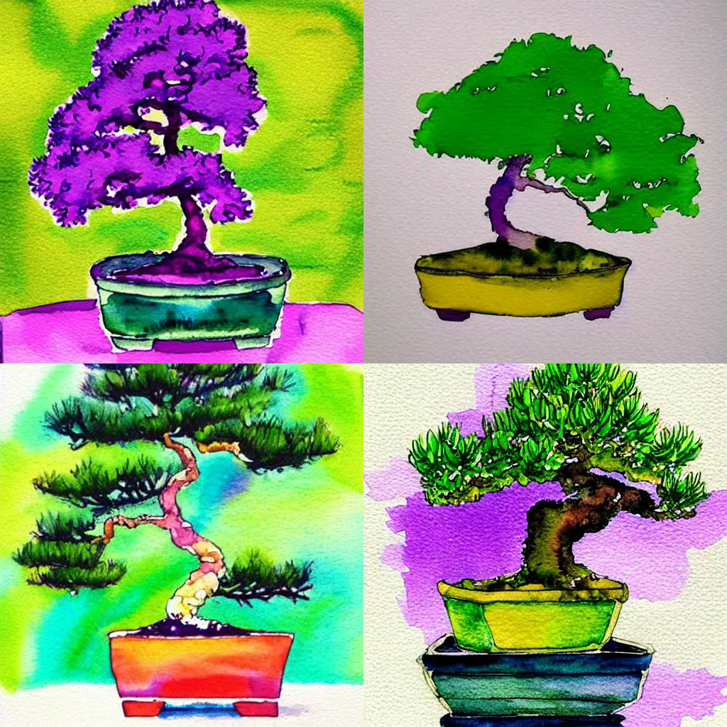 Prompt: purple bonsai tree, yellow-green background, color transition, watercolor and ink