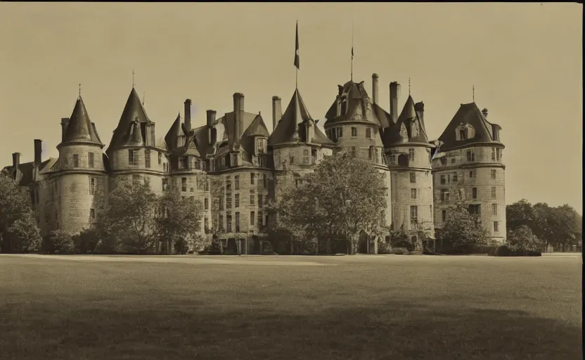Prompt: an old black-and-white photograph of a French castle in New York City