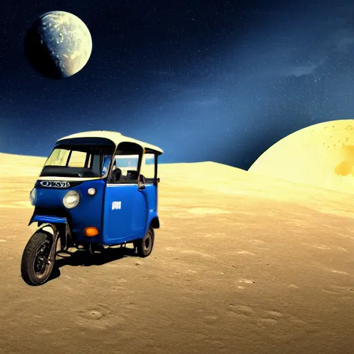 Prompt: a dark blue bajaj tuk tuk traveling on the surface of the moon, moon craters, night sky, milky way, hard lighting, matte painting, concept art, 4k