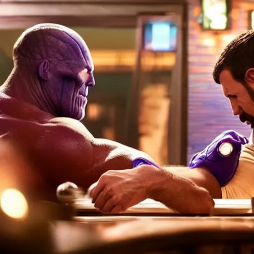 Prompt: a photograph of Adam Sandler arm wrestling Thanos in a bar. Dimly lit, a crowd is watching, emotional faces, realistic, grimy atmosphere