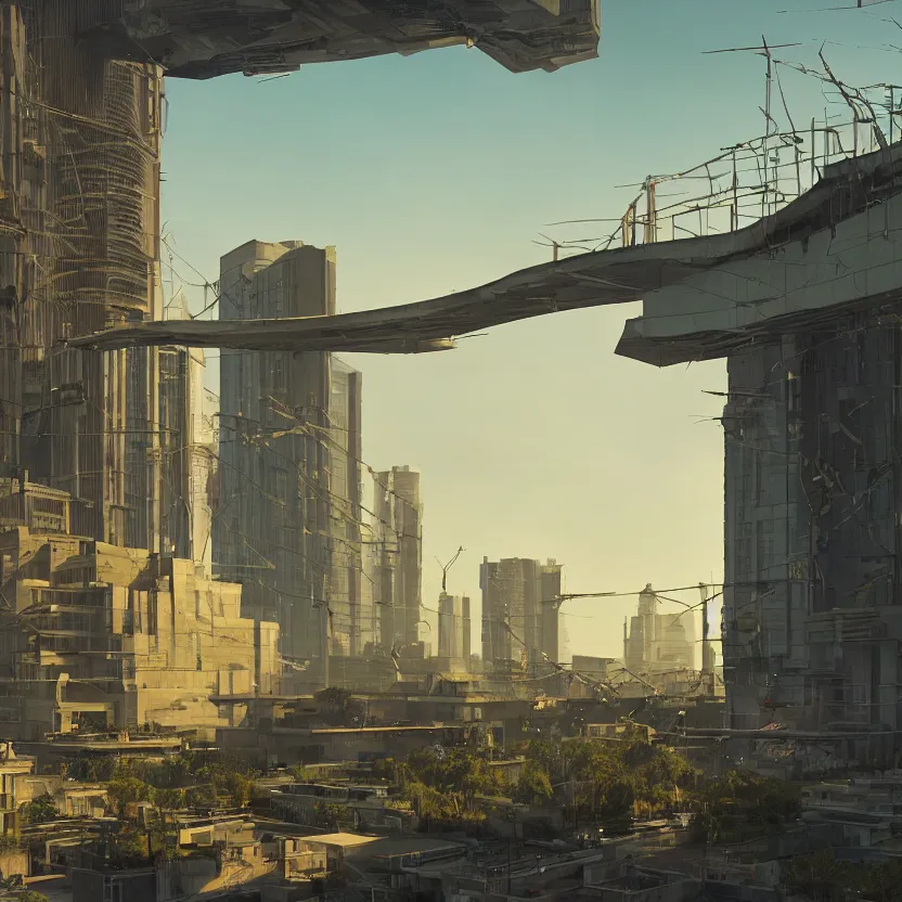 Prompt: a cinematic composition depicting : we're overlooking a cyberpunk civilization with overgrown buildings by santiago calatrava, where a solarpunk tribe is peacefully collaborating with their android helpers and bright green computer screens, octane render, hyperrealistic, at sunrise, by edward hopper