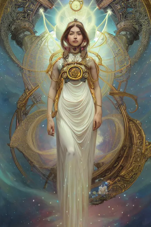 Image similar to Full view realistic Celestial Goddess of cosmic nebula in a beautiful dress, 4k digital illustration by Mandy Jurgens and Ruan Jia, ornate Iconography background in the style of Alphonse Mucha, tarot card, stunning portrait, amazing magnificent mystical illustration, award winning art, detailed and realistic, soft lighting, intricate details, realistic, full view, Artstation, CGsociety