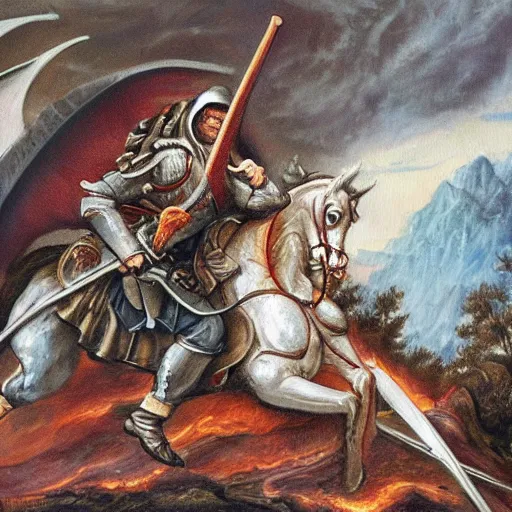 Prompt: a detailed oil painting of an action filled scene depicting jordan peterson slaying a dragon with a sword