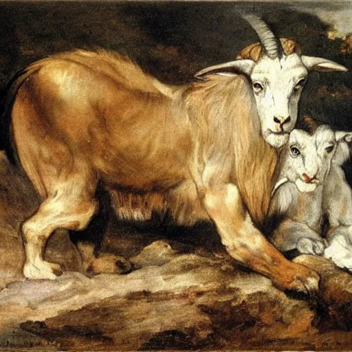 Image similar to half goat, half lion, painting by Eugene Delacroix, highly detailed