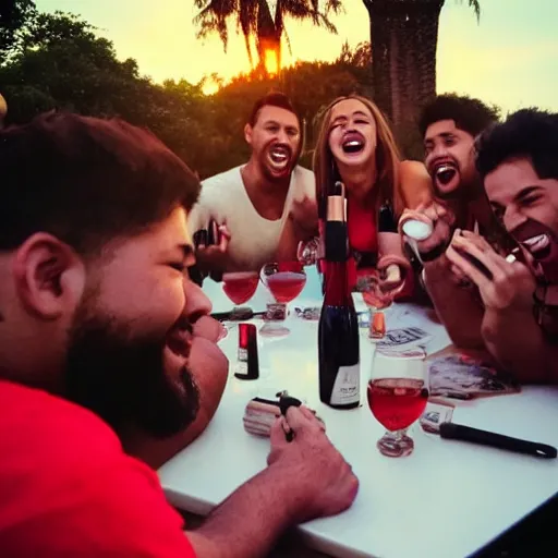 Image similar to a bill. a bong. a group of friends. enjoying themselves and laughing it up. sun set. red accents.