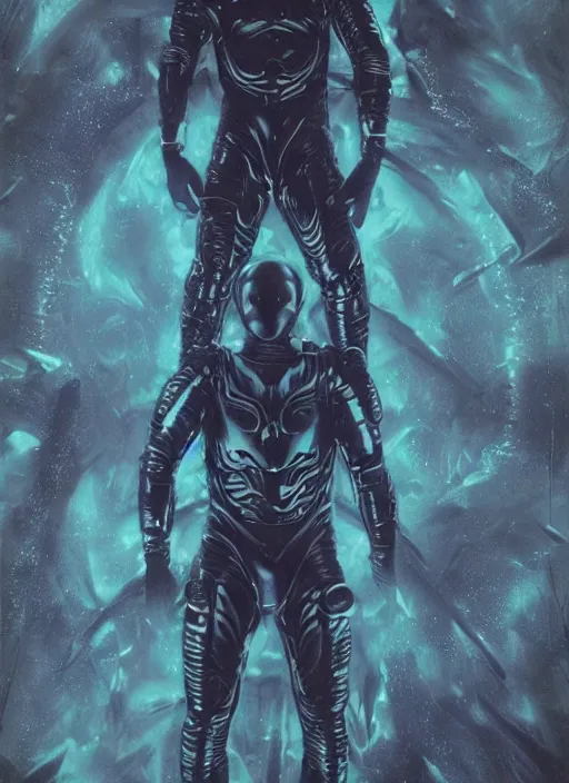 Image similar to astronauts in dark and empty void underwater - complex and hyperdetailed suit. reflection and dispersion materials. rays and dispersion of light. volumetric light. 5 0 mm, f / 3 2. noise film photo. flash photography. ultra realistic, wide angle. poster by wayne barlowe, hajime sorayama aaron horkey, craig mullins. dark key.