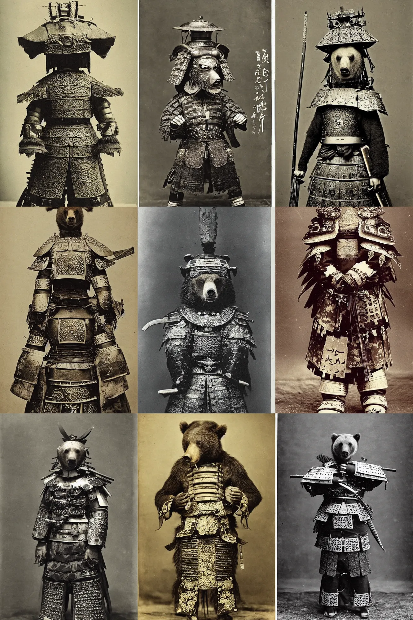 Prompt: “grizzly bear in full ornate samurai armour, 1900’s photo”