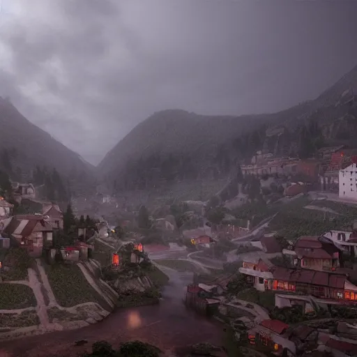 Image similar to the center of a poor medieval town under heavy rain at late dawn, in a valley, surrounded by mountains, highly detailed, octane render, ultra detailed cinematic, 8 k, widescreen, 1 6 : 9, hd