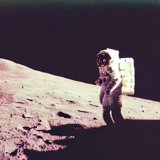 Image similar to polaroid of an astronaut sitting on the moon and watching rainbow nuclear explosion on the earth