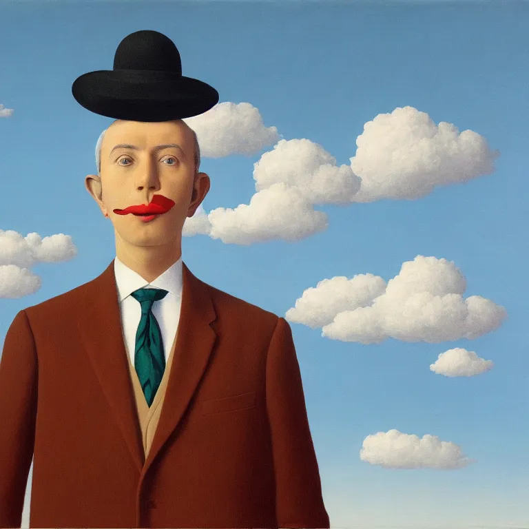 Image similar to portrait of a faceless beautiful flower - head man in a suit, clouds in the background, by rene magritte, detailed painting, distance, centered, hd, hq, high resolution, high detail, 4 k, 8 k