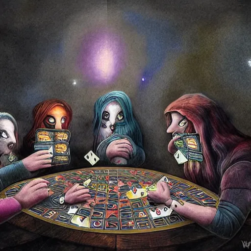 Prompt: a group of otherworldly creatures playing with cards, by wayne barlow