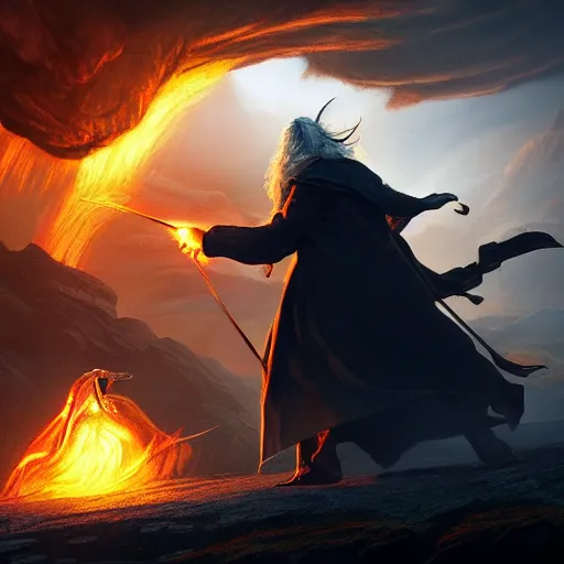 Prompt: Gandalf fighting a Balrog, beautiful landscape, dramatic lighting, cinematic, establishing shot, extremly high detail, photorealistic, cinematic lighting, post processed, concept art, artstation, matte painting, style by greg rutkowsky