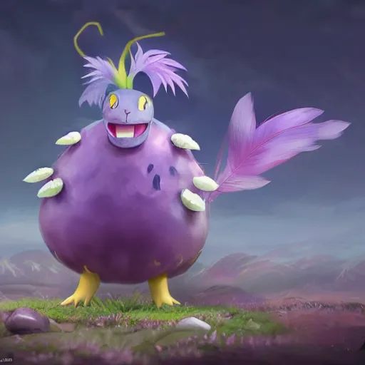 Image similar to a cute beautiful plant type pokemon with happy cute smile, purple feathers grow out of his hair, full body portrait, highly detailed digital art, 3 d perspective, award - winning illustration, aesthetic, smooth, pokemon style, made by greg rutkowski, with an alien landscape in the background