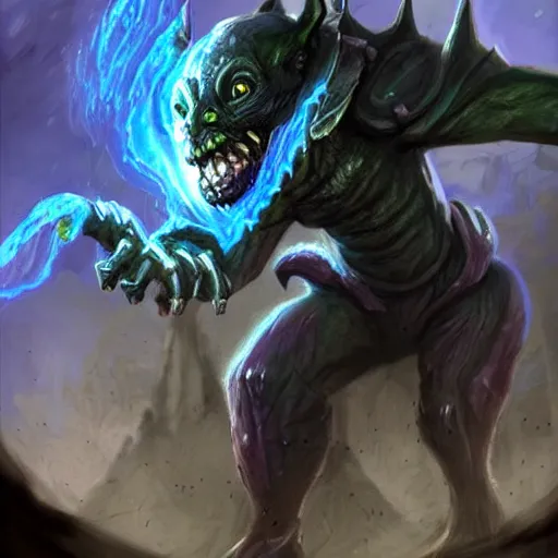 Image similar to a highly detailed goblin with grey skin and blue eyes that glow, caught in a tornado, like magic the gathering, goblin chainwalker,, digital art, by christopher rush