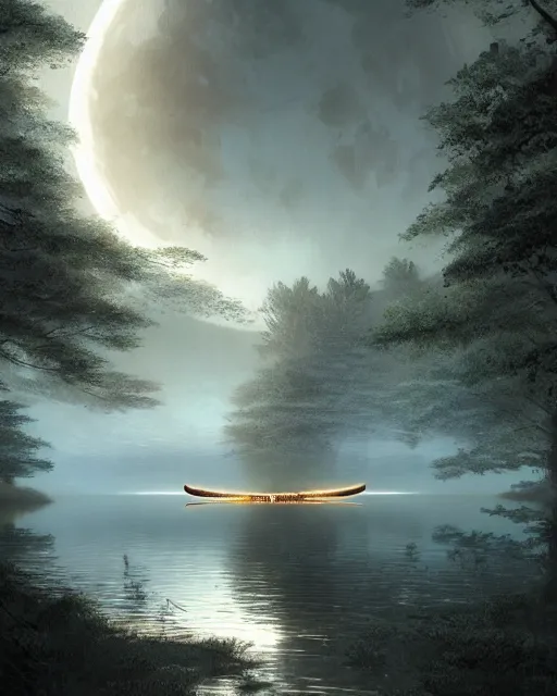 Prompt: ancient sword in the middle of a lake under a giant full moon, rippling reflections, trees and falling leaves, art by Raymond Swaziland and Greg Rutkowski, D&D, high fantasy, romantic, highly detailed, digital painting, trending on artstation, concept art, golden ratio, sharp focus, illustration, masterpiece, stunning