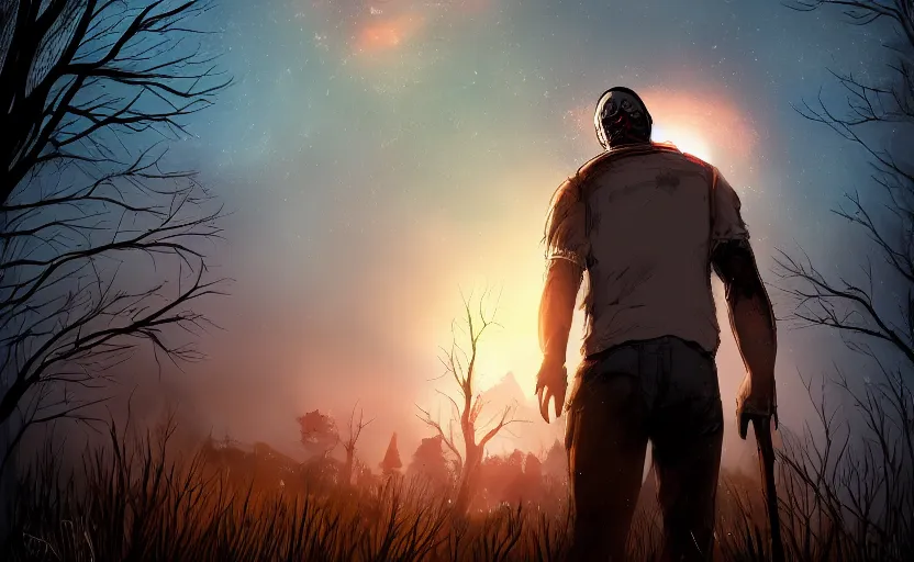 Image similar to view from behind a dead by daylight killer as he reaches up to a night sky, stars are aligning, character portrait, digital art