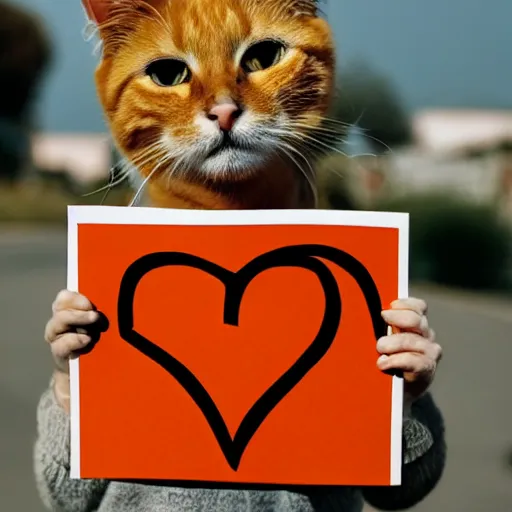 Prompt: cute orange tabby cat holding a sign that reads