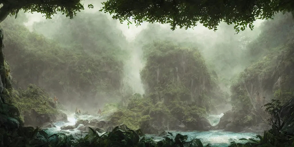 Image similar to jungle rainforest cliffs with treehouse village. tiered catwalks and rope bridges. wooden cabins. foggy valley and mountains fading into the distance, at sunset. waterfalls. neverland. peter pan kids wearing war paint and headdresses, standing on the rope bridges. swimming in basalt lagoon. magic the gathering card art by greg rutkowski.