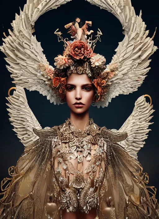 Image similar to expressive full body photo of an angel, ornate headpiece made from flowers, ornaments, glamour shot, by karol bak, photorealistic, canon r 3, fashion photography, hyper maximalist, elegant, ornate, luxury, elite, environmental portrait, symmetrical features, octane render, unreal engine, solid dark grey background, dramatic lights