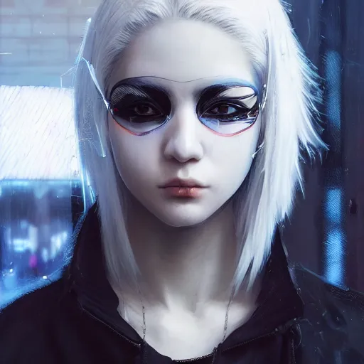 Image similar to very cool girl white hair girl with mask, streetwear, techwear, cyberpunk style outfit, full body, nose piercing, detailed portrait, intricate complexity, by greg rutkowski, artgerm, ross tran, conrad roset, takato yomamoto, ilya kuvshinov. 4 k, beautiful, cinematic dramatic atmosphere