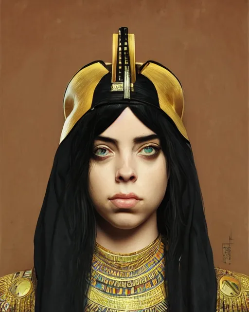 Image similar to Billie Eilish as a beautiful egyptian princess, gorgeous, portrait, Symmetrical, powerful, intricate, beautiful, masterpiece, elegant, volumetric lighting, highly detailed, artstation, sharp focus, no cropping, illustration, Jean-Leon Gerome , ruan jia