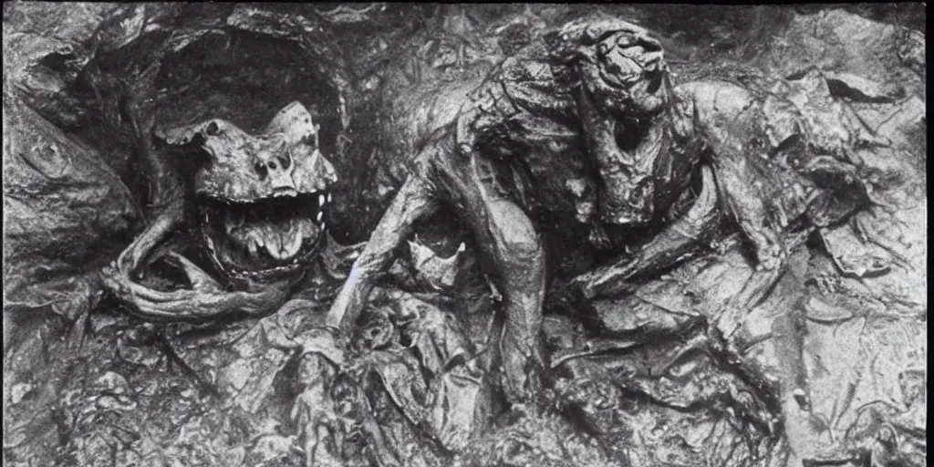 Prompt: explorers discover horrifying monster in mine, 1 9 0 0 s photograph