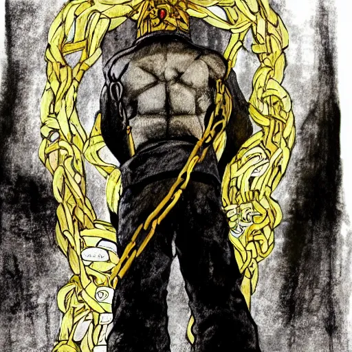 Image similar to A FULL BODY PORTRAIT FROM BEHIND OF MADARA UCHICHA ,THE MAN KEEPS A KUSARIGAMA AND IT IS WRAPPED IN CHAINS ,detailed, concept art, ink style , sketch