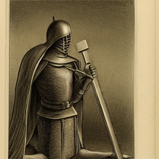 Prompt: A pale young man stands kneeling inside a prison cell. Clad in shining armor prays to a God others would have long abandoned. Sunshine lightly grazes his cheeks as he prays, his broken spear used as a cross to focus on. The knight's expression is sad, pensive, but resolute, decisive and stubborn. Portrait.