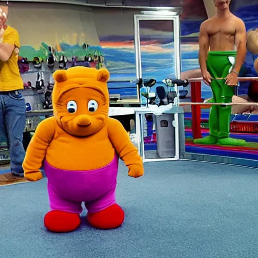 Image similar to a teletubby with six pack abs