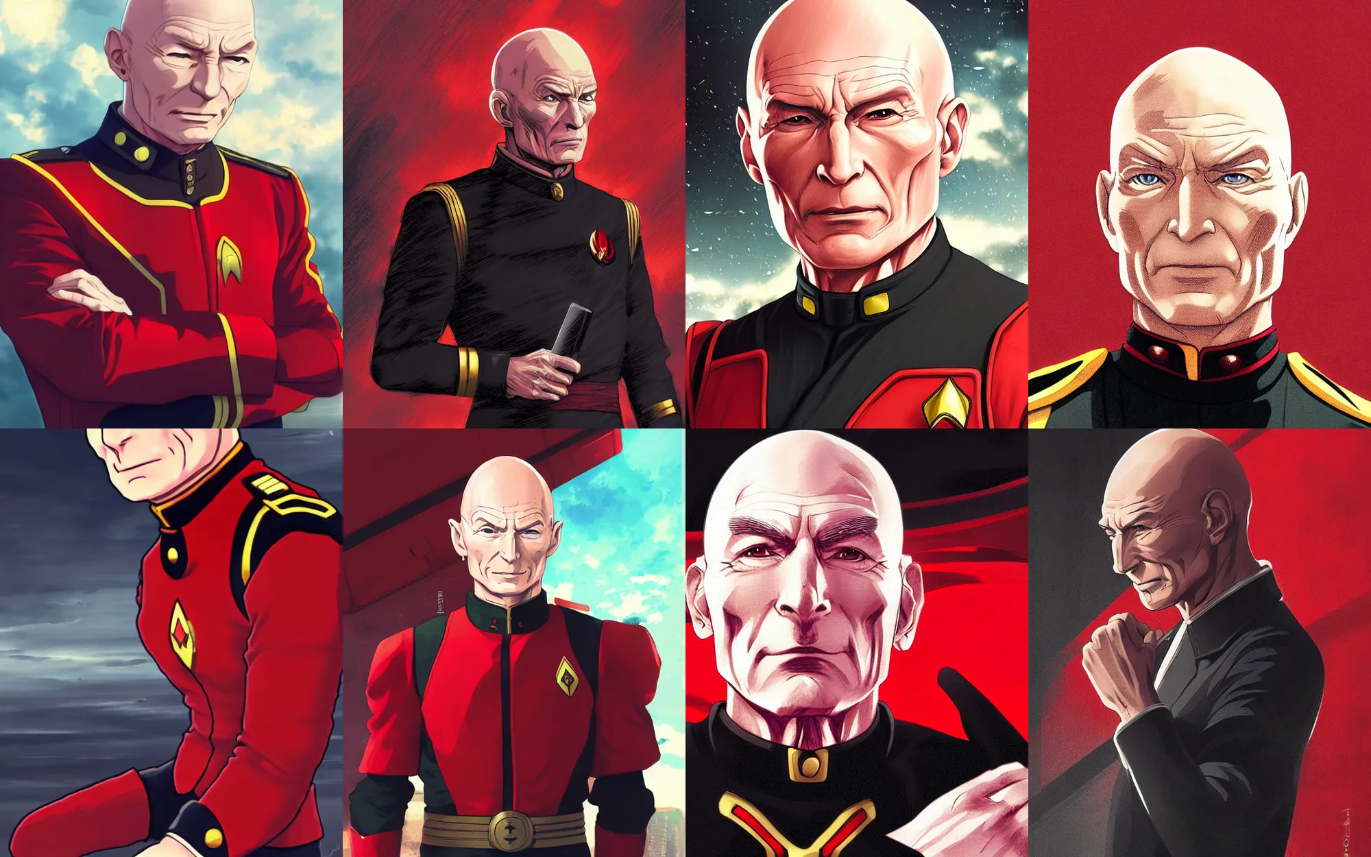 Prompt: Digital anime art by WLOP and Mobius, Closeup of Captain Picard wearing a red and black uniform, serious expression, [[empty warehouse]] background, highly detailed, spotlight