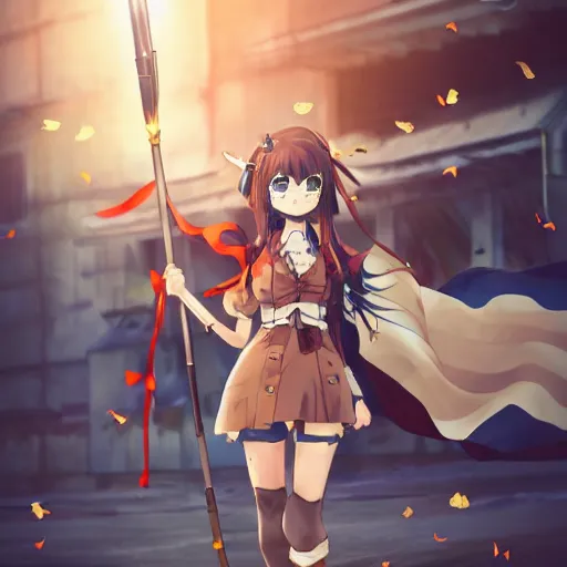 Image similar to anime girl marching on a pavement road with a flag and steampunk weapons and armor, finely detailed, beautiful, serious, cinematic lighting, golden hour, buildings, long brown hair, brown eyes, reflective, sharp focus, anime,