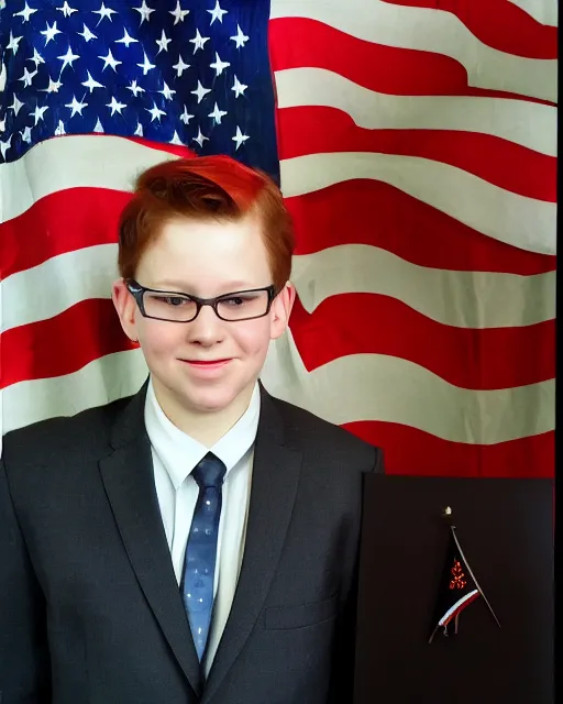 Image similar to a man in a suit and tie standing in front of flags, a character portrait by arlington nelson lindenmuth, reddit contest winner, private press, character, contest winner, adafruit - c 9. 0