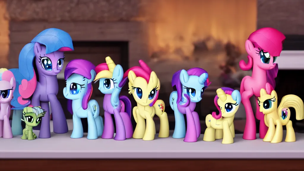 Prompt: A beautiful and wholesome scene of My Little Pony figurines in front of a lit fireplace, 4k, 8k, photography, warm lighting